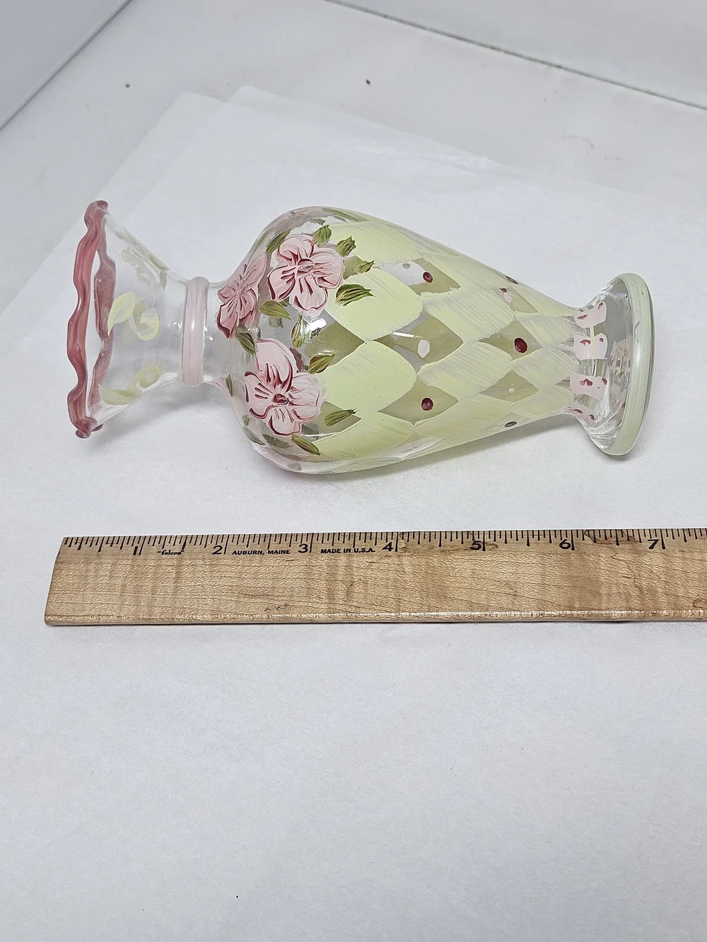 Vintage Tracey Porter Hand-Painted Glass Vase with Pink Floral Design